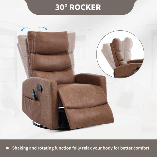 English Elm Heat Massage Rocker Recliner Swivel Chair with Lumbar Warmth in Soft Fabric W3224P357577