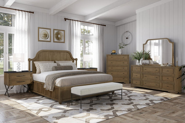 English Elm Queen Upholstered Headboard Bed Walnut Veneer Frame Transitional Bedroom Furniture Almond B2699S00113