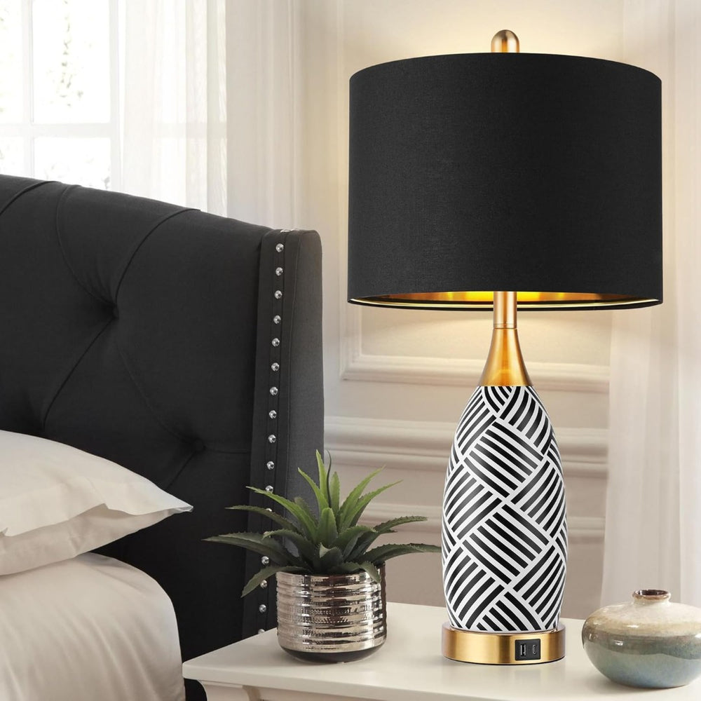 English Elm 25.5" Ceramic Striped Bedside Lamp Set with Touch Dimmer Usb Charging Ports Warm Glow W3355P440679