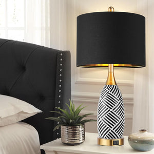English Elm 25.5" Ceramic Striped Bedside Lamp Set with Touch Dimmer Usb Charging Ports Warm Glow W3355P440679