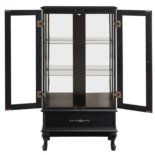 English Elm Lighted Curio Cabinet with Vintage Carved Handles, LED Display, Adjustable Shelves & Hidden Drawer 40" W2275P389711