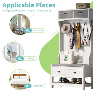English Elm VIBE Hall Tree with 6 Hooks, Hinged Top Storage, Bench Seat & Drawers for Organized Entryway White N724P184891K
