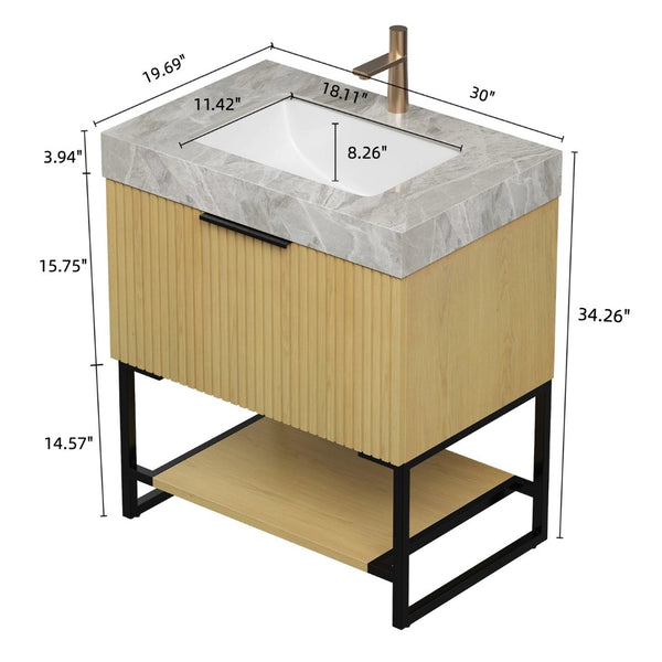 English Elm Yolan 30 Inch Freestanding Bathroom Vanity Plywood Cabinet Sintered Stone Top Oak Finish Black,Golden Oak,Light Gray,White W2615S00365