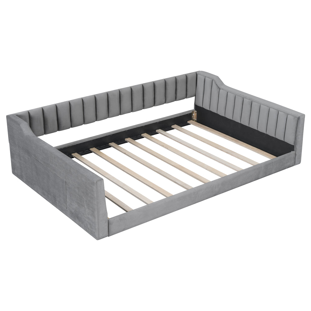 English Elm Full XL Upholstered Daybed with Velvet Channel Tufting, Tapered Dowel Legs & Side Storage Pocket Gray DL002211AAE