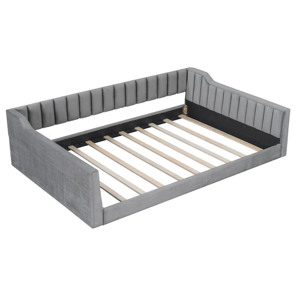 English Elm Full XL Upholstered Daybed with Velvet Channel Tufting, Tapered Dowel Legs & Side Storage Pocket Gray DL002211AAE