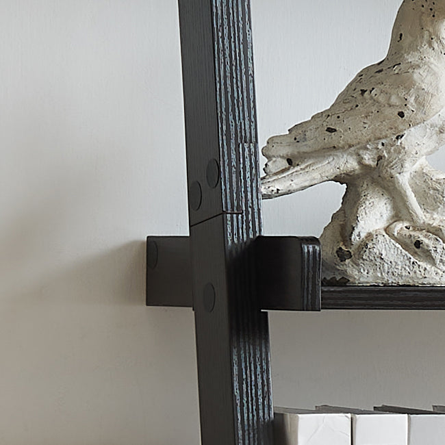 English Elm Bookcase five-shelf ladder with triple wrap molding, modern multi-depth tiers and rounded shelf barriers B107P302905