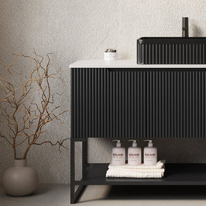 English Elm TULIO 48" Freestanding Bathroom Cabinet in Black with Carrara Sintered Stone Top, 3 Drawers & Shelf W2615P279389