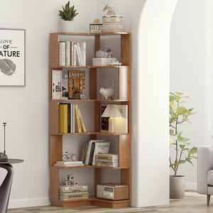 English Elm 6 Tier Freestanding L-Shaped Corner Bookshelf with Anti-Tip, Rounded Corners, 3D Wood Grain Finish Dark Oak W2899P372855