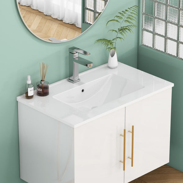 English Elm 30-inch White Ceramic Drop-in Sink for Minimalist Bathrooms with Pre-drilled Faucet W3151P360951