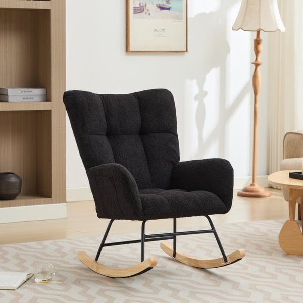 English Elm Modern Teddy Upholstered Rocking Glider Chair with High Backrest and Solid Wood Legs for Nursery Comfort Black W2725P213539