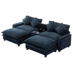 English Elm 111" Sectional Sofa Chenille Upholstered with Removable Ottoman, USB Ports, Cup Holders & Storage Box Blue N719S001480C