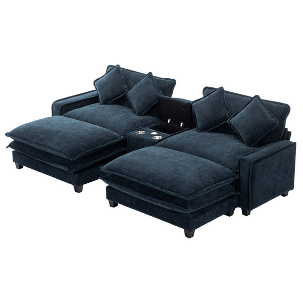 English Elm 111" Sectional Sofa Chenille Upholstered with Removable Ottoman, USB Ports, Cup Holders & Storage Box Blue N719S001480C
