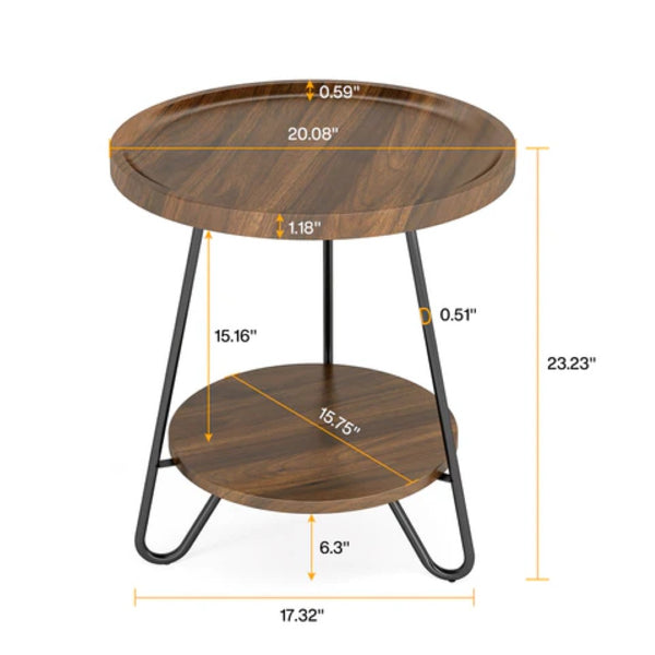 English Elm Chic Two-tier Round End Table with Metal Frame and Open Shelf for Living Room T3971P449208