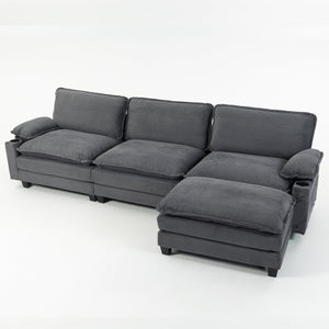 English Elm 113" Modern 3+1 L-Shaped Corduroy Sofa with Double-Layer Cushions, Cup Holders & Storage Bags DARK GREY W2715S00004