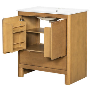 English Elm [video] 30 Inch Freestanding Bathroom Vanity Pine Legs Ceramic Sink Soft Close Storage Natural N759P412928N