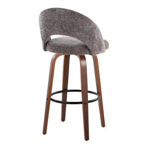 English Elm Fixed-height Mid-century Barstools with Walnut Legs and Grey Upholstered Seats Set B202S01932