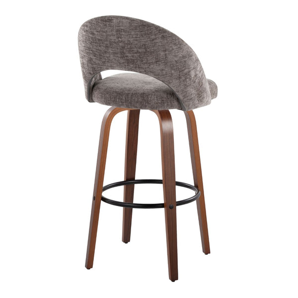 English Elm Fixed-height Mid-century Barstools with Walnut Legs and Grey Upholstered Seats Set B202S01932