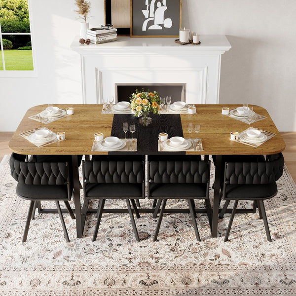 English Elm 9-piece Square Dining Set Velvet Upholstered Chairs Two-tone Tabletop Seats 8 Black,Wood W3875S00142