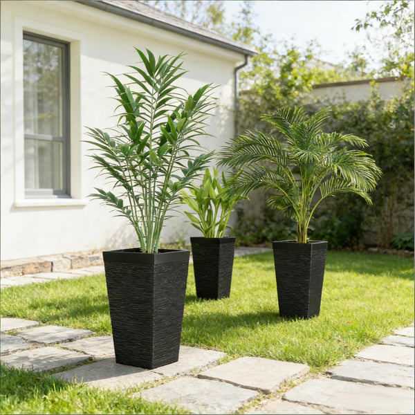 English Elm Modern Faux Stone Tapered Outdoor Planters Set of Three with Rolling Wheels Patio Ready T3971P459659