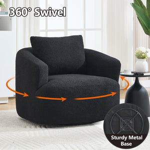 English Elm 360° Swivel Barrel Chair Teddy Fleece Upholstery with Pillow for Bedroom Reading Nook Black W1803P363032
