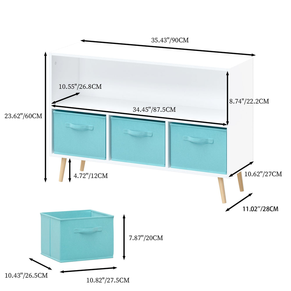 English Elm Kids Bookcase Collapsible Fabric Drawers 3-Tier Kids Organizer with Book Display Toy Storage White Blue, MDF Pine Legs W808P165881