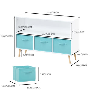 English Elm Kids Bookcase Collapsible Fabric Drawers 3-Tier Kids Organizer with Book Display Toy Storage White Blue, MDF Pine Legs W808P165881