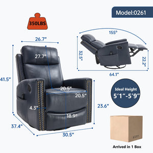 English Elm Blue Genuine Leather Rocker Swivel Recliner with Massage Heat for Living Room W1803P323714