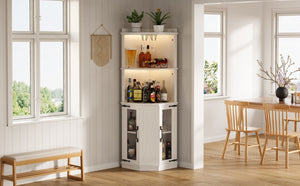 English Elm 67.3" Farmhouse Corner Bar Cabinet Led Lit Wine Storage with Built-in Power Outlets N735P361423K