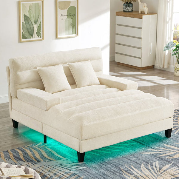 English Elm Modern Chaise Lounge Sofa with Adjustable 6-Position Backrest and App-Controlled RGB LED Lighting, Plush Chenille Upholstery Beige N719P330968A