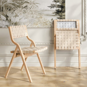 English Elm Wood Folding Dining Chairs with Rattan Woven Seat and Webbing Back Set of 2 Beige,Natural T3623P431378