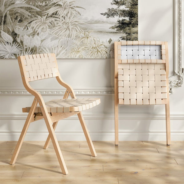 English Elm Wood Folding Dining Chairs with Rattan Woven Seat and Webbing Back Set of 2 Beige,Natural T3623P431378