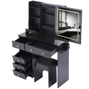 English Elm 37" Vanity Table Set with Led Mirror Stool Built-in Outlets and Hair Dryer Storage Black W3258P448840