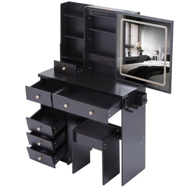 English Elm 37" Vanity Table Set with Led Mirror Stool Built-in Outlets and Hair Dryer Storage Black W3258P448840