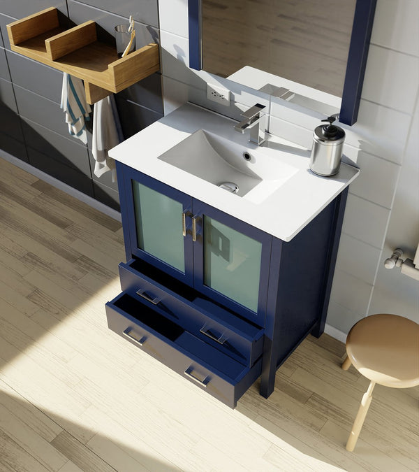 English Elm Navy Blue Bath Vanity Set With White Ceramic Top, Soft-Close Drawers & Stylish 28 In. Mirror Included B2731S00724