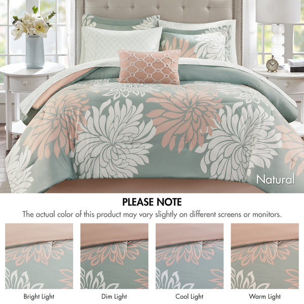 JLA Home Madison Park Essentials - 7 Floral Comforter Set with Cotton Sheets, Microfiber Comforter, Embroidered Pillow, Antimicrobial Freshness 86 L x 78 W x 1.5H MPE10-860