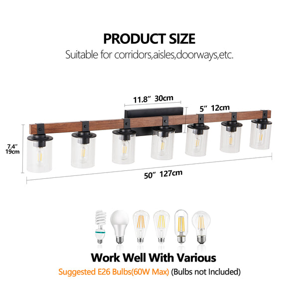 English Elm 50" Rustic 7-Light Vanity Light — Industrial Farmhouse Wall Sconce with Wood Accent, Black Iron & Glass Shades W1340P282705