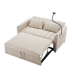 English Elm 55.9" Convertible Sofa Bed Loveseat with 3 USB Ports, Cup Holders, Side Pockets & 360° Phone Swivel Beige WF322620AAA