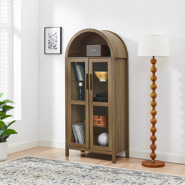 English Elm A high arched storage cabinet with lamp and adjustable glass shelves, modern retro MDF poplar display cabinet with LED accent lighting for kitchen and living room storage elegance Brown W487P358611