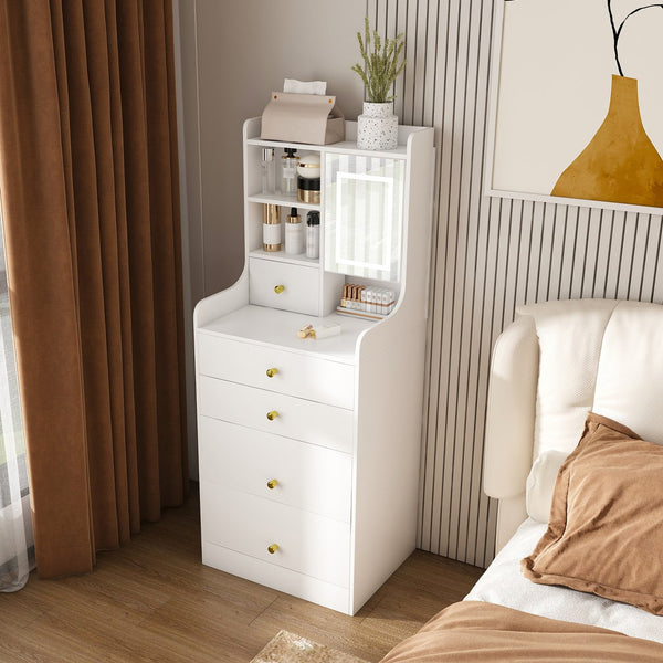 English Elm 3-in-1 Dressing Table with LED Mirror, Storage Stool & 4 Drawers – Compact White Vanity, MDF Organizer W2700P297923