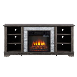 English Elm Mantel Electric Fireplace Media Console with Faux Stacked Stone Surround, 65" TV Fit, 1400W Heat, Ample Storage Grey W1758S00015
