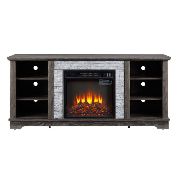 English Elm Mantel Electric Fireplace Media Console with Faux Stacked Stone Surround, 65" TV Fit, 1400W Heat, Ample Storage Grey W1758S00015
