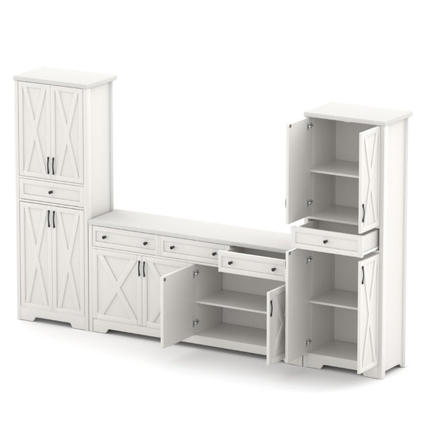 English Elm 66 Inch Entertainment Center with Tempered Glass Open Closed Storage for Living Room White W1162P313309