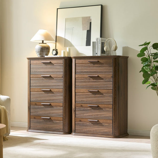 English Elm 6 Drawer Tall Fluted Chest with Waveform Fronts Slim Wooden Storage for Modern Bedroom Walnut T5326P425092