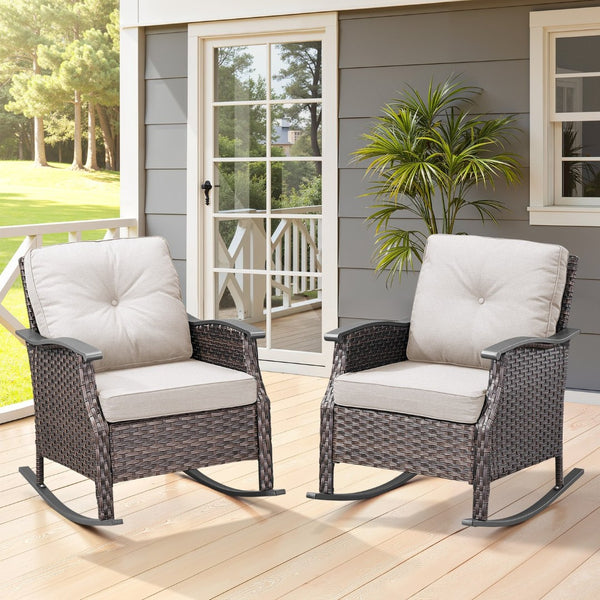 English Elm Outdoor Pe Rattan Gliding Patio Chair Set Handwoven Steel Frame with Plush Cushions Beige T3773S00019