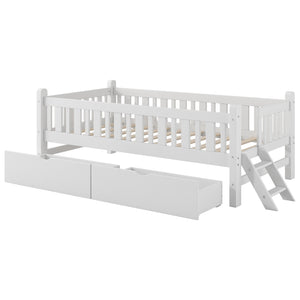 English Elm Wood Twin Platform Bed with Guardrail, Solid Pine Construction, 2 Underbed Drawers for Storage and Playroom Space White N709P242145K
