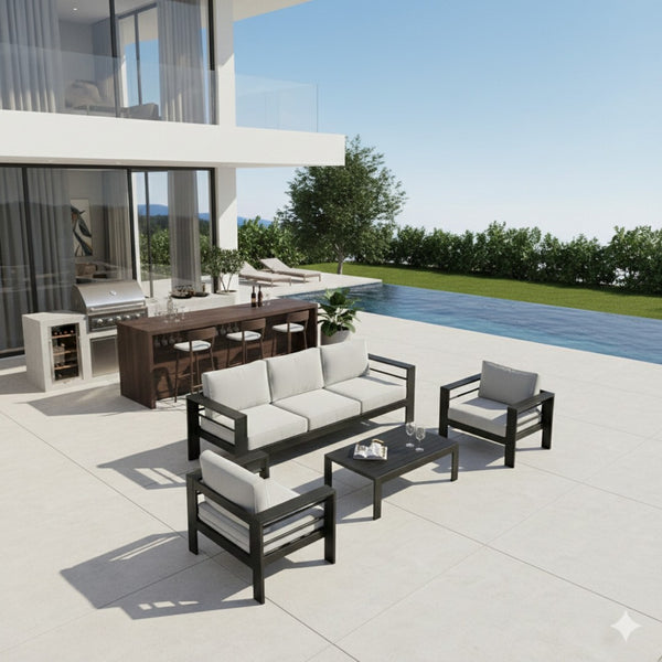 English Elm 4-piece Aluminum Outdoor Conversation Set with Rust-proof Matte Frame and Wpc Coffee Table Light Gray B082S00098