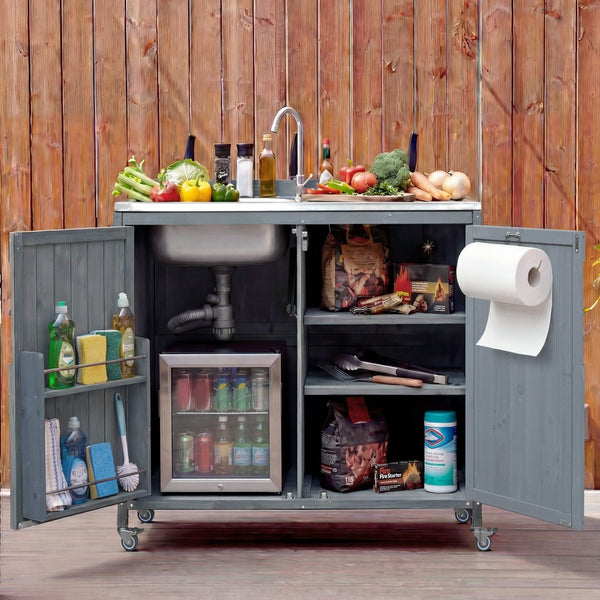 English Elm K&k Outdoor Prep Station Stainless Steel Top Fir Wood Cabinet with Drawer and Wheels N707P370281G