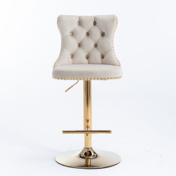 English Elm A&a Velvet Swivel Barstools Tufted Upholstered Seat Gold Base Adjustable Kitchen Pub Set Beige W114349916