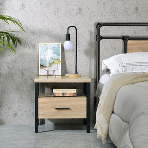 English Elm One Drawer Nightstand With Open Shelf - Rustic Oak And Black Metal For Modern Bedroom Style B016P256523