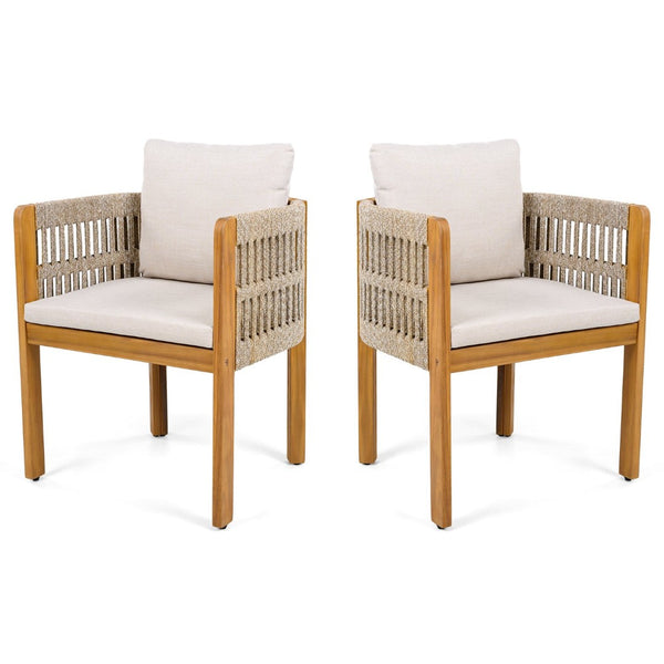 English Elm Acacia Wood Outdoor Dining Chair Set with Rope Arms and Waterproof Cushions N779P279983M